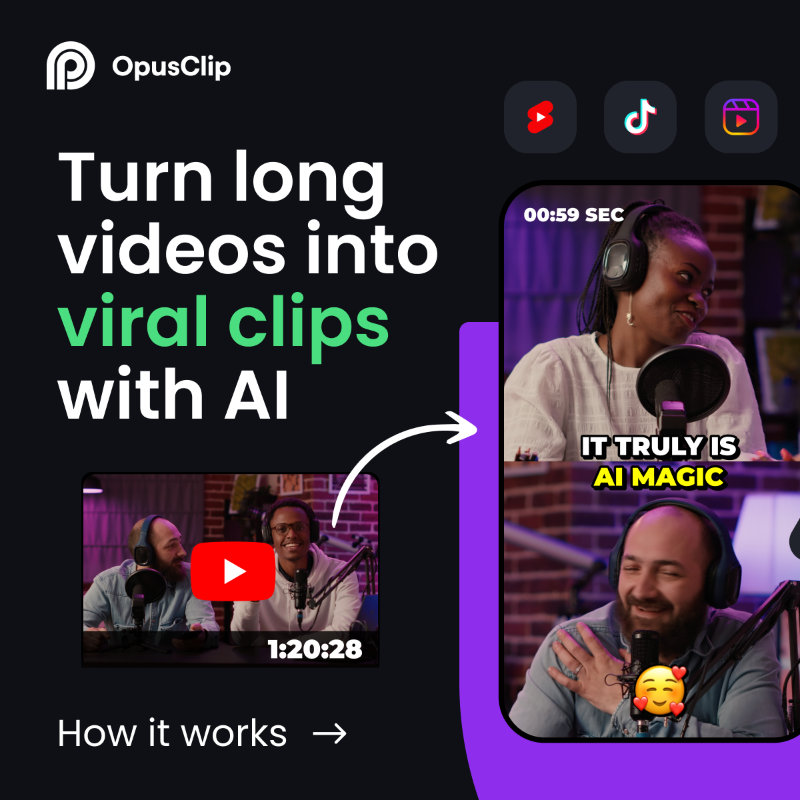 OpusClip's tweet photo. Try out OpusClip AI and turn your videos assets into ready-to-post clips, all with 1 click 🎬⚡️. Finally, a way for busy marketers to start leveraging short video.