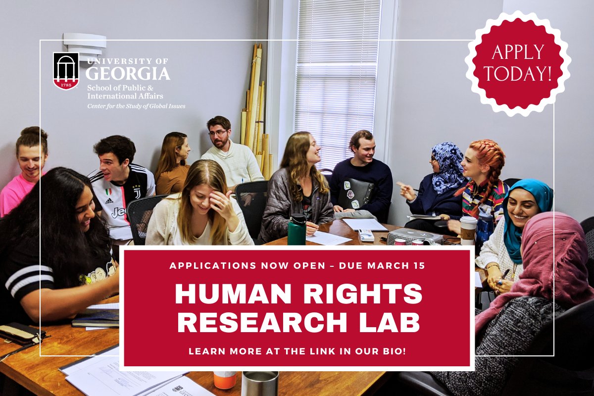 Applications are NOW OPEN to the Human Rights Research Lab for Fall 2024. The GLOBIS Human Rights Research Lab is a selective program for UGA students interested in human rights research, education, and engagement. Apply here today: ugeorgia.ca1.qualtrics.com/jfe/form/SV_dh…