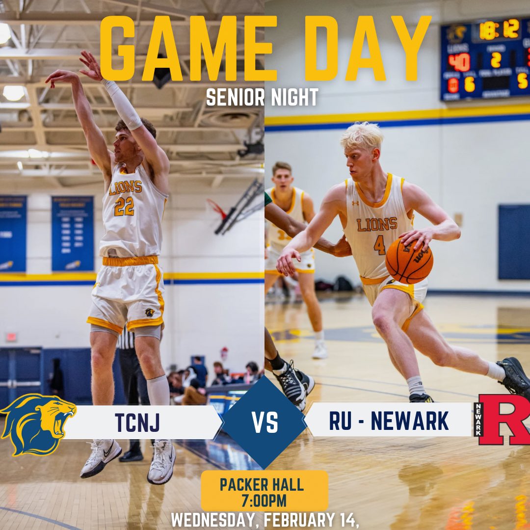 TCNJMBB's tweet photo. Join us in PACKER HALL TONIGHT for our LAST game of the season and SENIOR NIGHT‼️ We have a 7pm tipoff against Rutgers Newark! See you there! 💛💙 #tcnjmbb #golions #packpacker https://t.co/A9O8XmIPQj