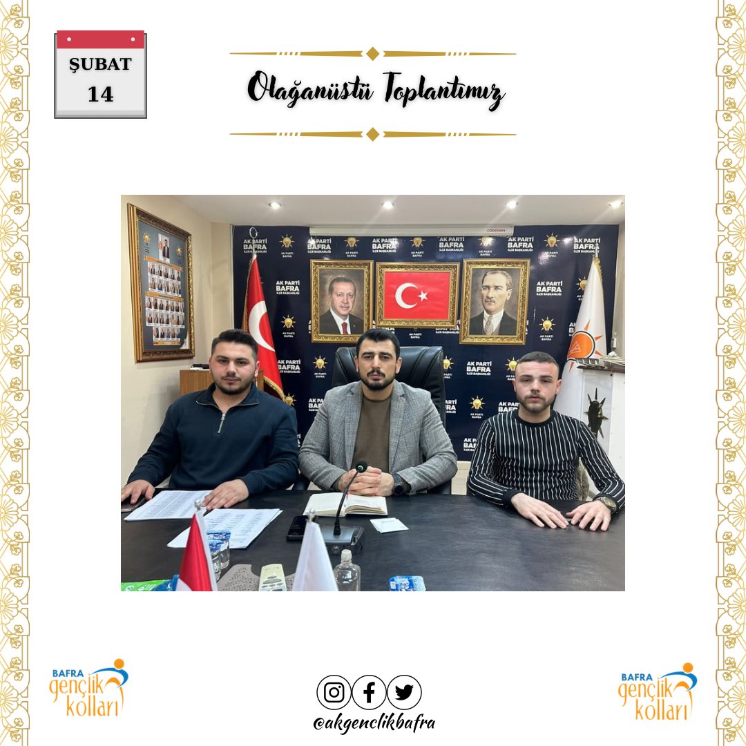 AkGenclikBAFRA's tweet photo. Haftalık olağan yönetim kurulu toplantımızı, Gençlik Kolları Başkanımız Doğan ÖNDER Başkanlığında gerçekleştirdik. Hayırlara vesile olması temennisiyle.

Recep Tayyip Erdoğan https://t.co/txmosoWOhi