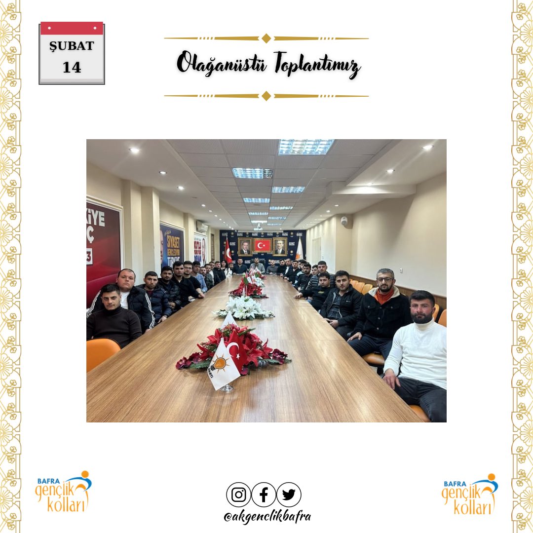 AkGenclikBAFRA's tweet photo. Haftalık olağan yönetim kurulu toplantımızı, Gençlik Kolları Başkanımız Doğan ÖNDER Başkanlığında gerçekleştirdik. Hayırlara vesile olması temennisiyle.

Recep Tayyip Erdoğan https://t.co/txmosoWOhi