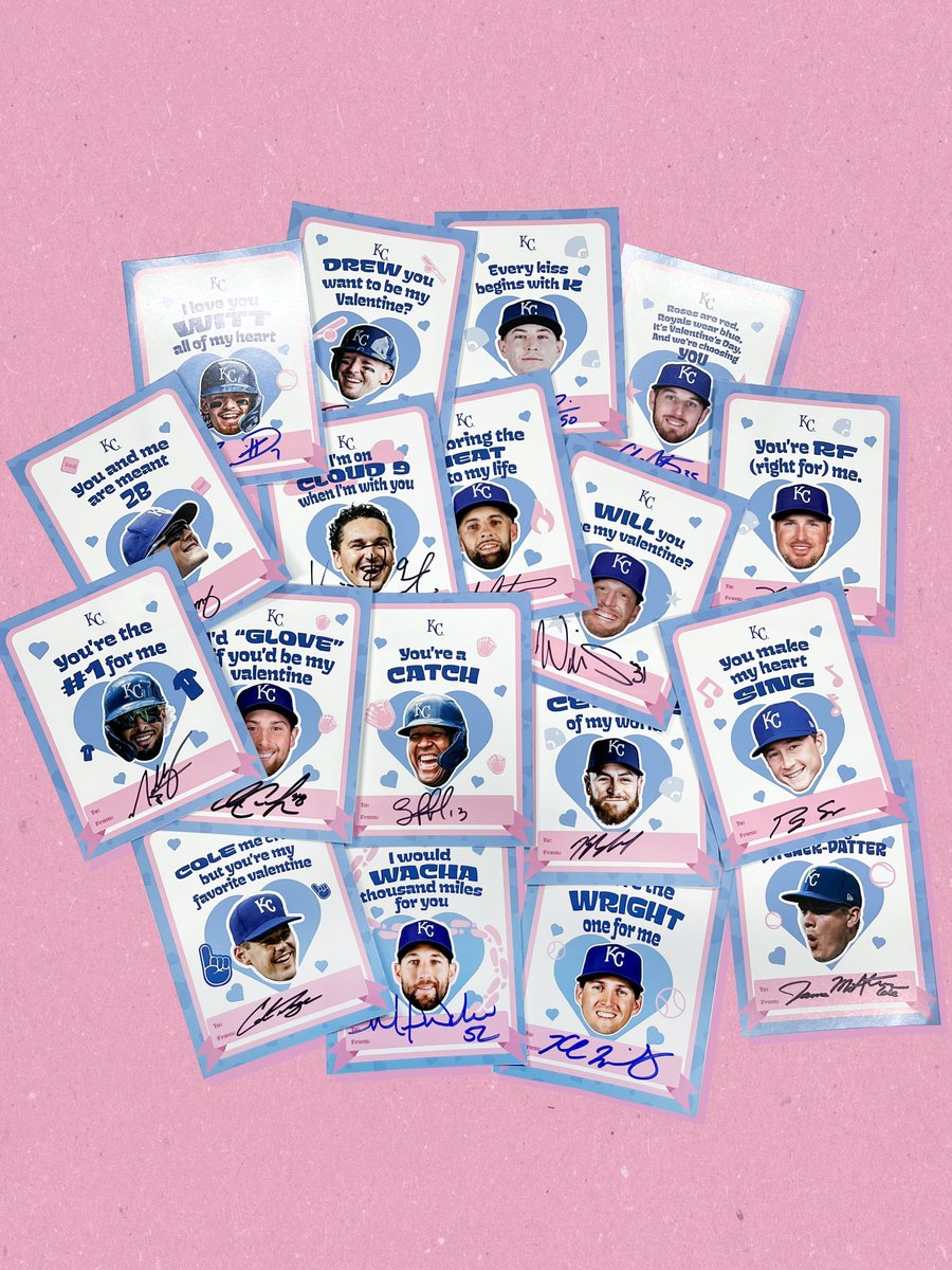 Royals's tweet photo. @Bsinger51 @dwaters121 @SalvadorPerez15 @BwittJr @VPasquantino @mjmelendez7 @mmass19Bears @MichaelWacha @kyleisbel_5 Want a signed Valentine of your own? Repost this for a chance to win one of our signed Valentine's Day cards!

#HappyValentinesDay https://t.co/VWqqb4WWZU