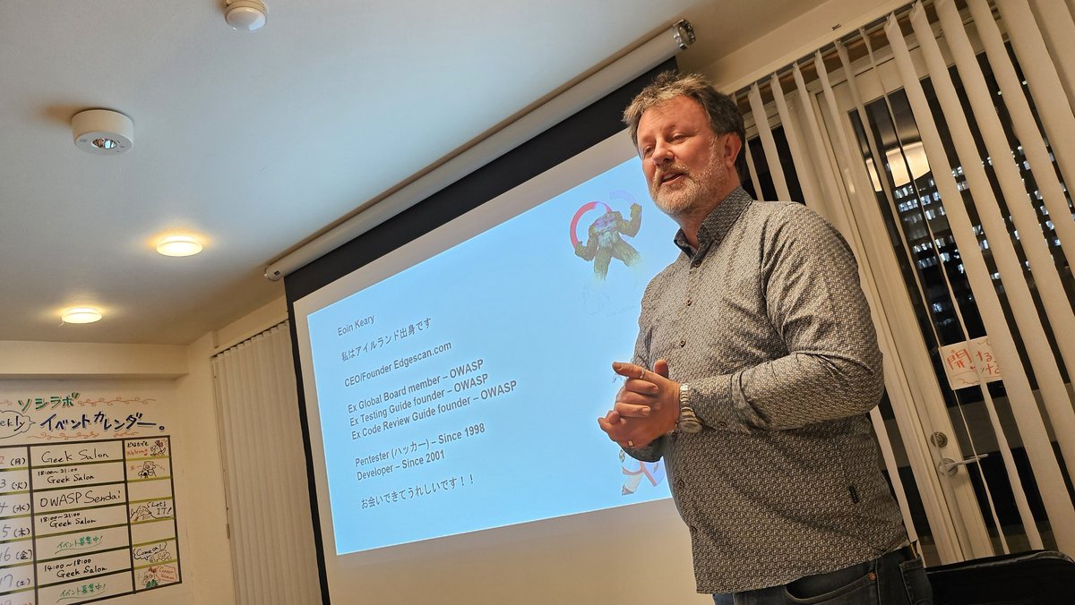 Eoin Keary <a href="/EoinKeary/">Eoin Keary</a> from <a href="/edgescan/">Edgescan</a> shared his latest vulnerability report with us at our 59th local chapter meeting. We can't thank enough Eoin for visiting our chapter all the way from Ireland and share the valuable content with us!