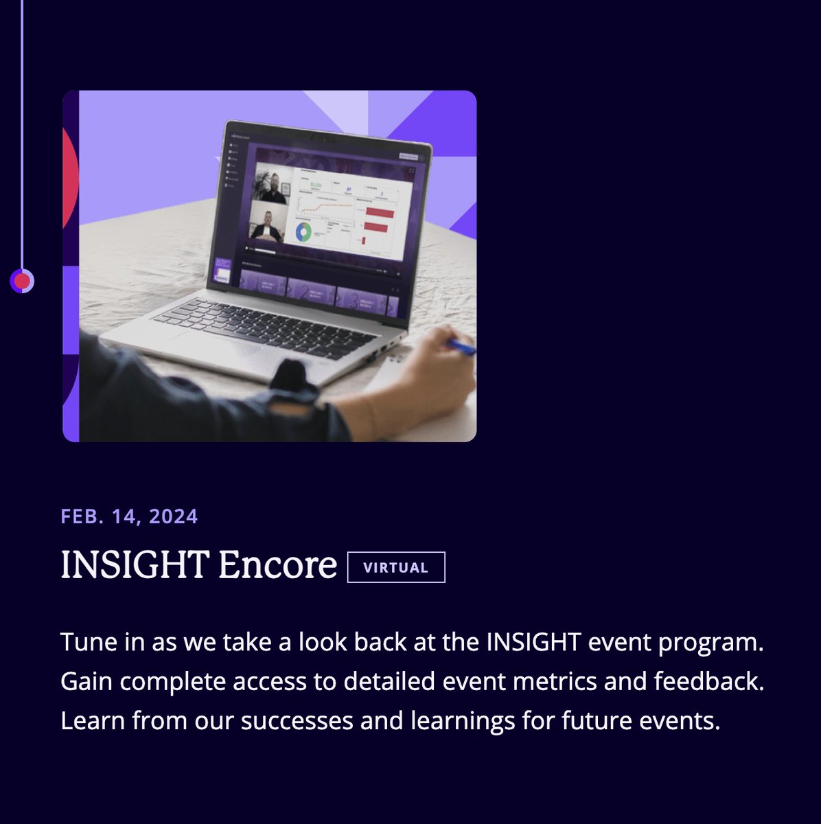 Don't forget to tune in for INSIGHT Encore, where we'll recap this year's event program, analyze INSIGHT data, and share how we measure our own #eventsuccess. Watch it live here. #RainFocusINSIGHT reg.rainfocus.com/flow/rfevents/…