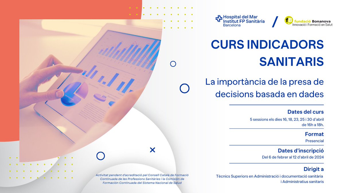 🔴Curs d'indicadors sanitaris. La importància de la presa de decisions basada en dades. 📍 Institut Hospital del Mar FP 🗓️ 5 sessions del 16 al 30 d'abril ⏲️ 16 h a 18 h. Més informació: 🔗 bit.ly/indfp24 @hospitaldelmar #indicadors