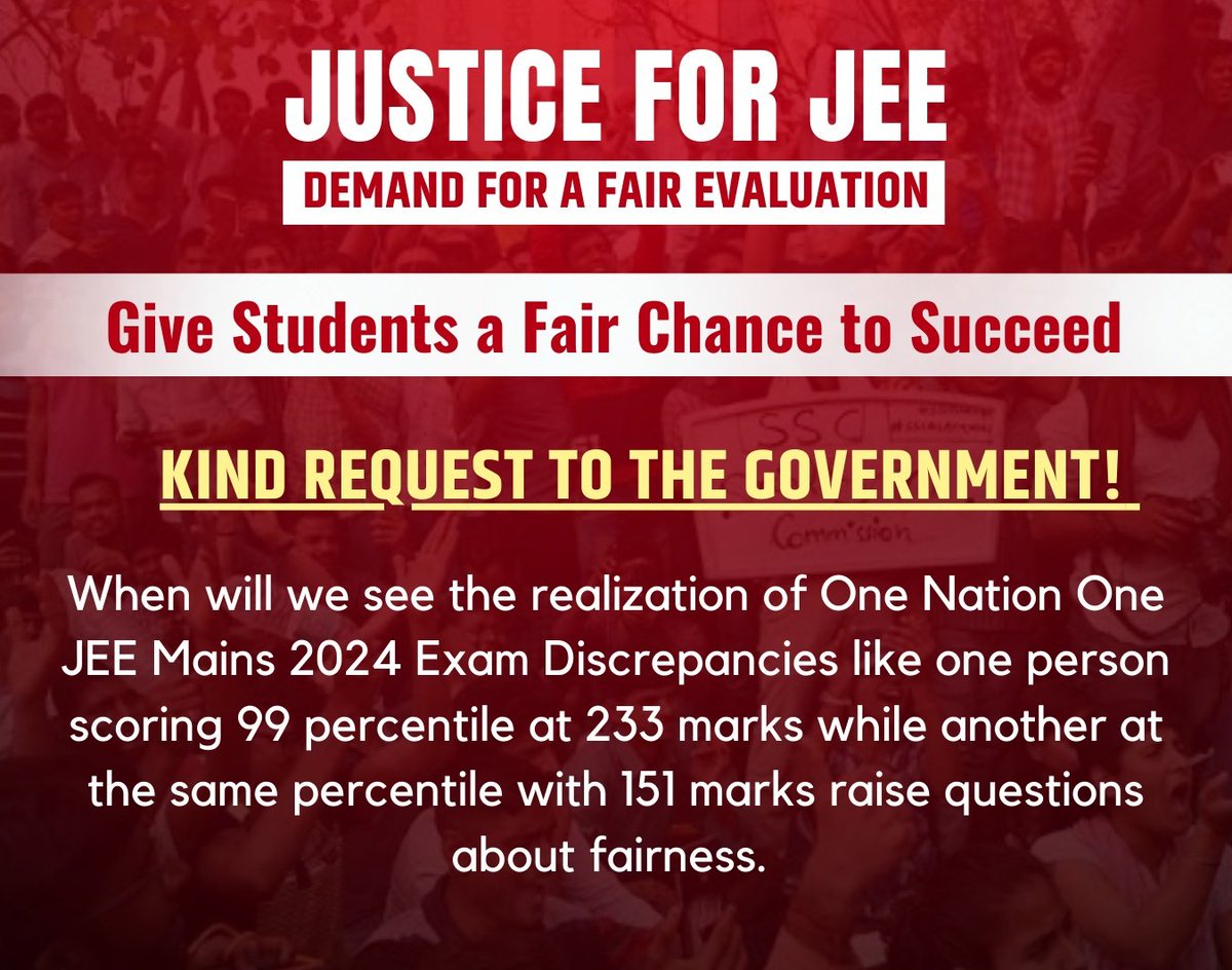 Official_AISU's tweet photo. Shocked by the unfair student distribution in JEE shifts 27 and 29. It's a huge mistake that's seriously affecting students' mental health and causing chaos. This needs to be fixed ASAP! #JusticeForJEE"
#JEEMains2024 https://t.co/AvDQBqAKTt