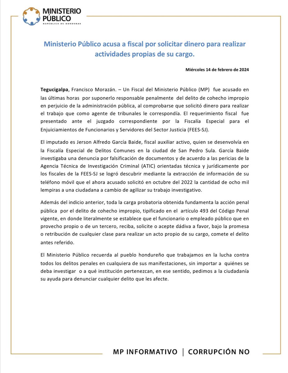 MP_Honduras's tweet photo. Capturado fiscal por suponerlo responsable del delito de Cohecho. https://t.co/kDgmv6RgQx