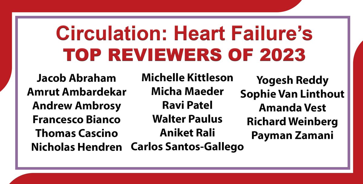 The editors of #CircHF are pleased and honored to announce the journal's Top Reviewers for 2023: ahajournals.org/circheartfailu… Thank you to all our reviewers who gave time and expertise in 2023 to reviewing for Circulation: Heart Failure! #AHAJournals