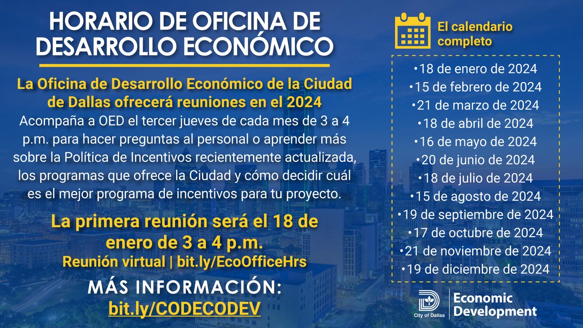 Just one day left! ⏳ Our Eco Dev Office Hrs is TOMORROW! Join us Thurs, Feb 15, 2024 from 3-4PM to explore resources, ask questions, &amp; gain valuable insights about the City’s Eco Dev programs. See you in 24 hrs! Bit.ly/EcoOfficeHrs #DallasEconomicDevelopment #OpenOfficeHours