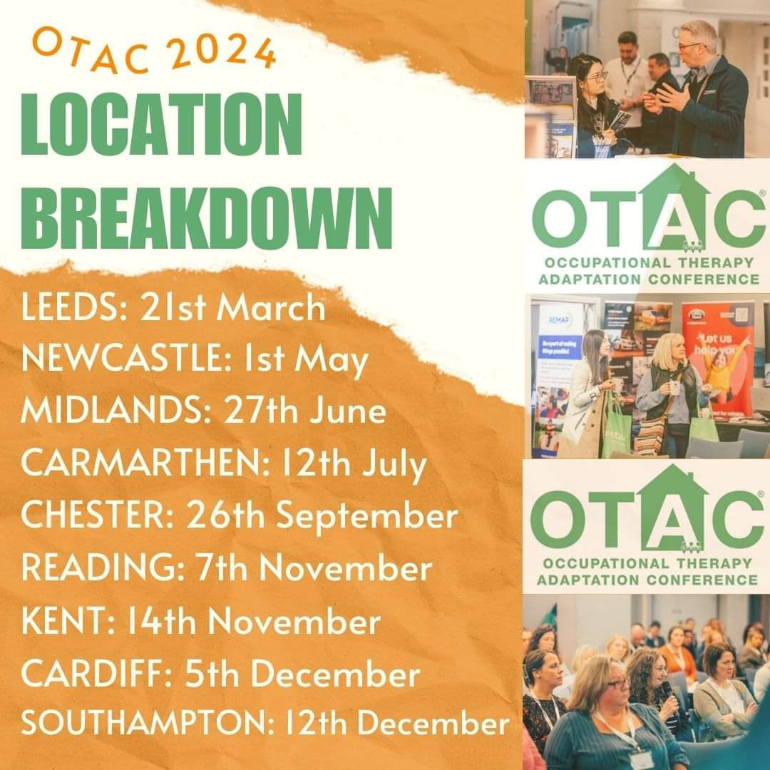 OTAC 2024 location breakdown 🙌 Every OTAC offers expert workshops, seminars and exhibitions from the OT industry’s leading businesses in technology, adaptions and equipment ✨ Lunch is included for registered delegates 🥪 Book FREE at OTAC.org.uk 🎉 #otac