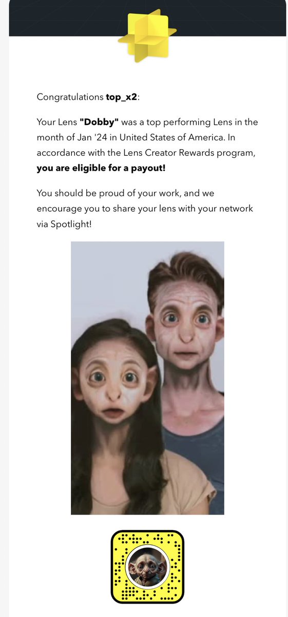 I am very happy that my lens: “Dobby” 
won the Lens Creators Award for January, thank you <a href="/SnapAR/">Snap AR</a>
