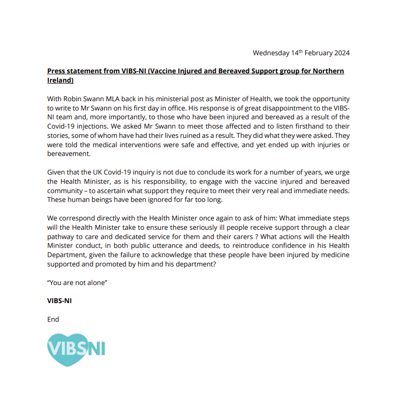 VIBS_NI's tweet photo. Press statement from @VIBS_NI following a recent response from @RobinSwann_MLA denying our request for Mr Swann to meet with the vaccine injured and bereaved community. https://t.co/i4uTOfDImp