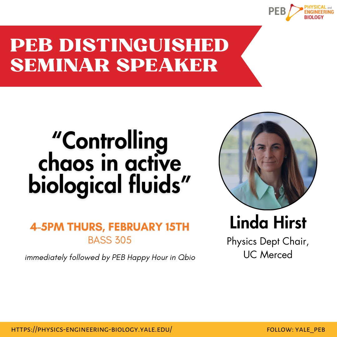 PEB_Yale's tweet image. Our first PEB Distinguished Seminar Speaker, Professor Linda Hirst from UC Merced, is visiting TOMORROW, Thursday Feb 15! 

Her talk, titled “Controlling chaos in active biological fluids,” will be immediately followed by a PEB Happy Hour in the QBio common area 🥂