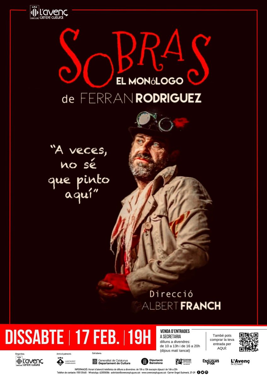 "Sobras" és un monòleg disposat a despertar la teva sensibilitat. Sempre amb tocs d'humor, un artista sense sostre rep al públic a casa seva: el carrer. Allà ironitza sobre la seva vida avencesplugues.cat/activitats/sob…  
#espluguesdellobregat #teatre #sobras #febrer2024 #espluguesteatre