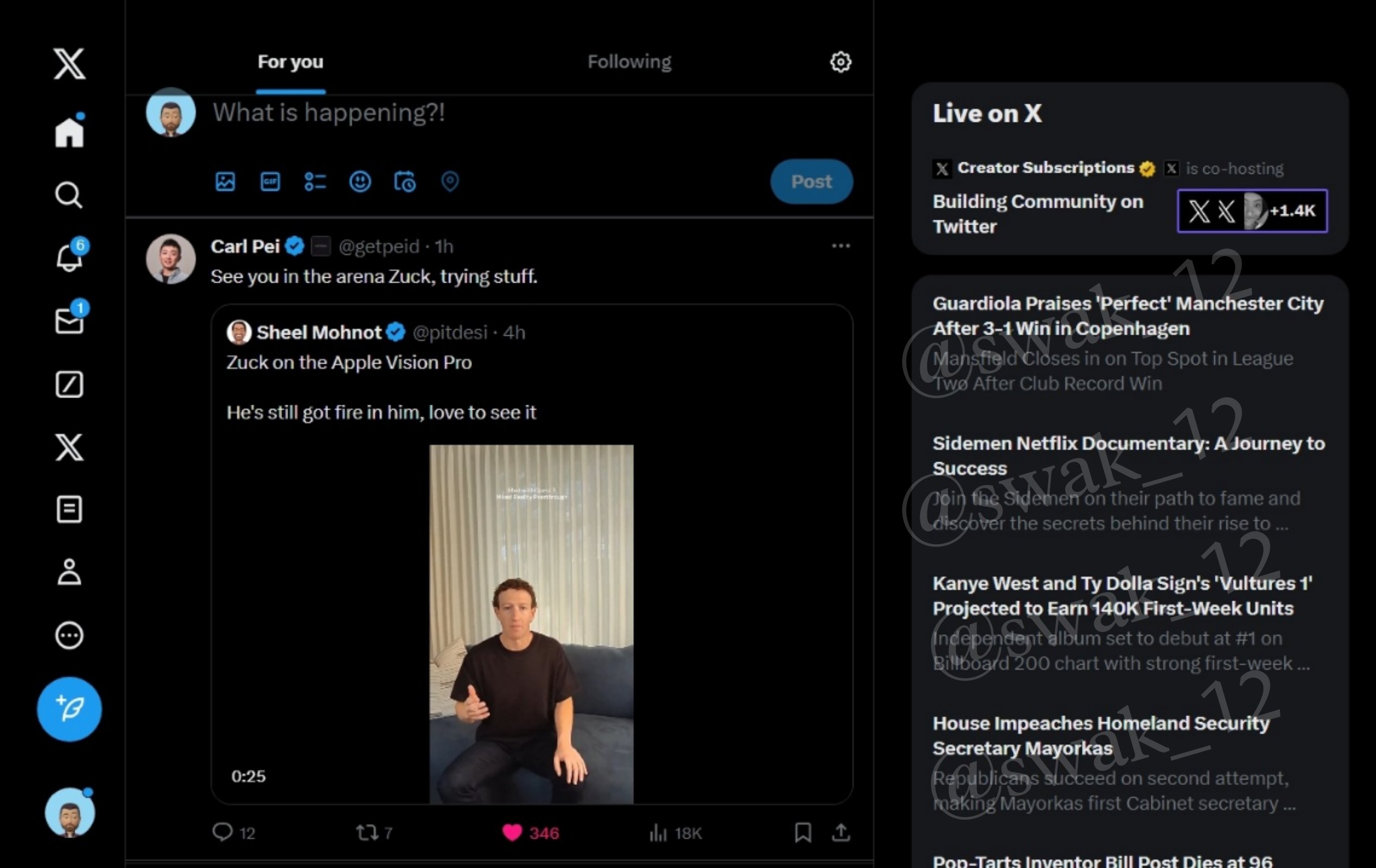 X（旧Twitter）のホーム画面。トレンドに生成AIが導入され、文章に変更されたことから、見にくくなっている。トレンド入りの背景なども説明されている。