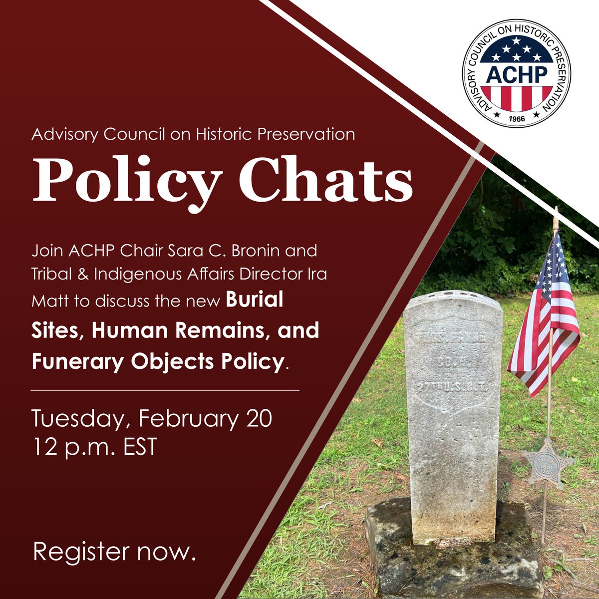 Register now for our virtual Burial Sites, Human Remains, and Funerary Objects Policy Chat 12 p.m. ET on Tues., Feb. 20. Join in the discussion with ACHP @ChairBronin & Director of the Office of Tribal and Indigenous Peoples Ira Matt. Register here: achp.zoomgov.com/meeting/regist…