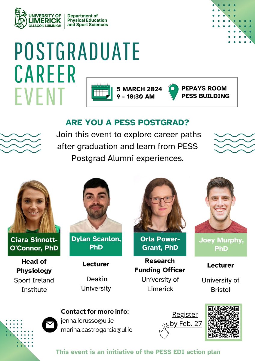 UL PESS Postgrads: Wondering what's next after graduation? Join on 5 March @ 9am in PEPAYS for a career workshop with advice from 4 PESS postgrad alumni with exciting careers within & beyond academia in Ireland + abroad… Plus tea & biscuits! t.ly/eQnvf