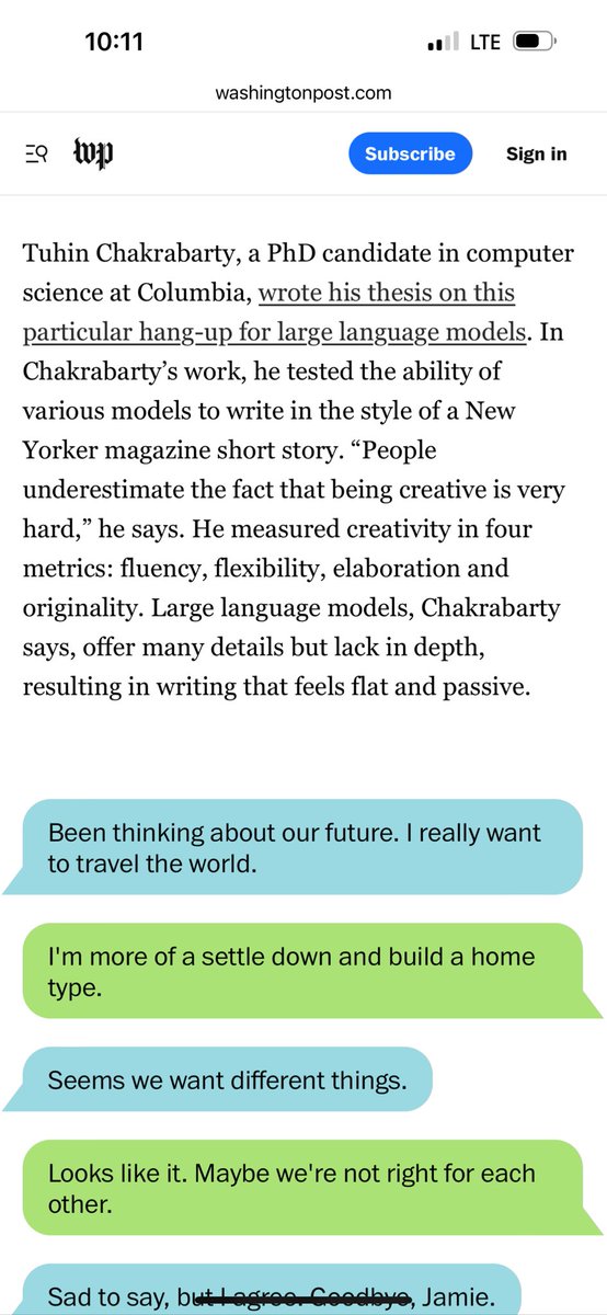 Can AI write breakup texts and most importantly can you identify human written breakup texts from AI written ones. Read @sadbumblebee ‘s fun article at the @washingtonpost which mentions our upcoming ACM #CHI2024 paper on Creativity Evaluation Link here : wapo.st/3wqpW0s