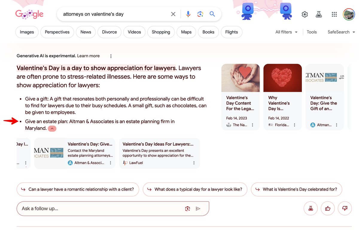 A creative way to be mentioned in Google SGE.

Probably the next level SGE suggestion would be "Make an appointment with a divorce attorney..." 👀