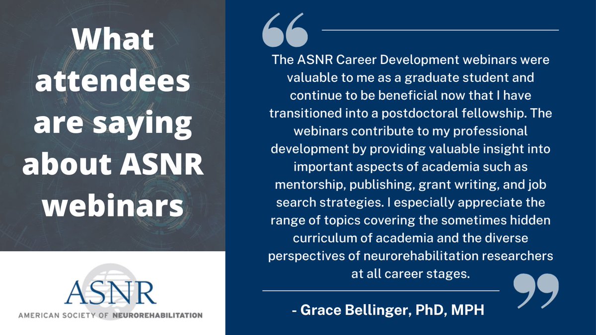 ASNRehab's tweet image. Thinking of registering for an ASNR webinar, but not sure what to expect? Our career development webinars are free to attend, and they are a great resource for #neurorehabilitation professionals &amp;amp; beyond.

Visit our website to learn more: asnr.com/i4a/pages/inde… @GraceCBellinger