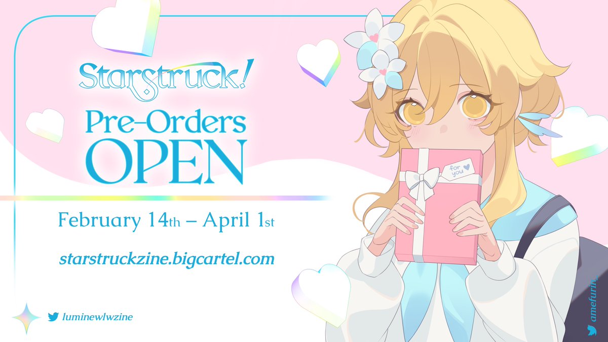 ✨PRE-ORDERS: OPEN✨ Valentine's Day is here~ This means giving Lumine all the love while celebrating her relationships 💖 We can guarantee that you'll be in for a treat! 📅 14th February - 1st April, 2359 CST Shop here: starstruckzine.bigcartel.com #GenshinImpact #Genshin #Lumine