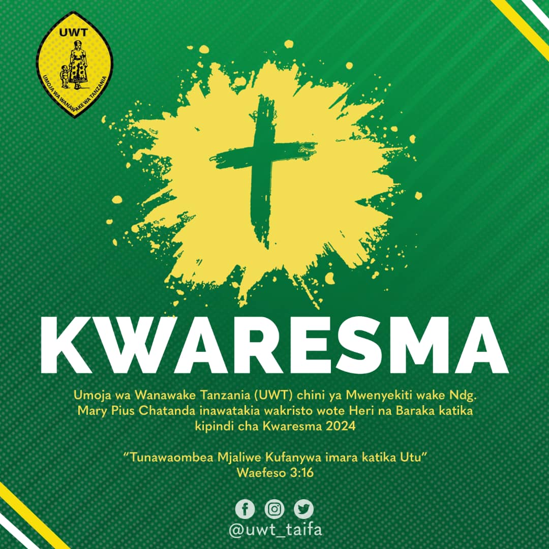 CCMmtandaoni's tweet photo. ๐KWARESMA
14 Februari, 2024
Umoja wa Wanawake Tanzania (UWT) Chini ya Mwenyekiti wake Ndg. Mary Pius Chatanda inawatakia wakristo wote Heri na Baraka katika kipindi cha Kwaresma 2024
Tunawaombea Mjaliwe Kufanywa imara katika Utu
Waefeso 3:16
#Uwtupdates
#UWTIMARA https://t.co/LVYNvov26l