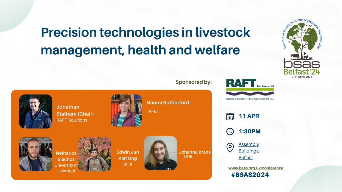This session at #BSAS2024 in Belfast is sponsored by <a href="/RAFTsolutions/">RAFT Solutions Ltd</a> and looks at precision tech in livestock management, health &amp; welfare.  

See a range of PLF themes from robotics to computervision &amp; machine-learning approaches to predicting outcomes 👉🏼bit.ly/3GcbKtY