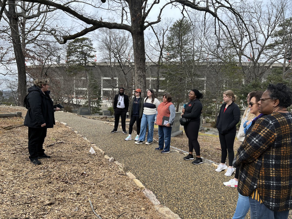 CUCemetery's tweet photo. Last week, students on the CI Team took a tour of the cemetery for Black History Month. They learned about the interrelated histories of the African American Burial Ground, A. P. Calhoun Family Plot, and Woodland Cemetery at Clemson. https://t.co/ouoQR1SeFG