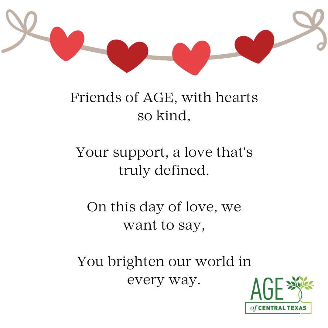 Wishing you a heartfelt Valentine's Day from your AGE of Central Texas family! Sending love and gratitude to all caregivers who pour endless love into the lives of older adults every day. Your compassion truly makes a difference!