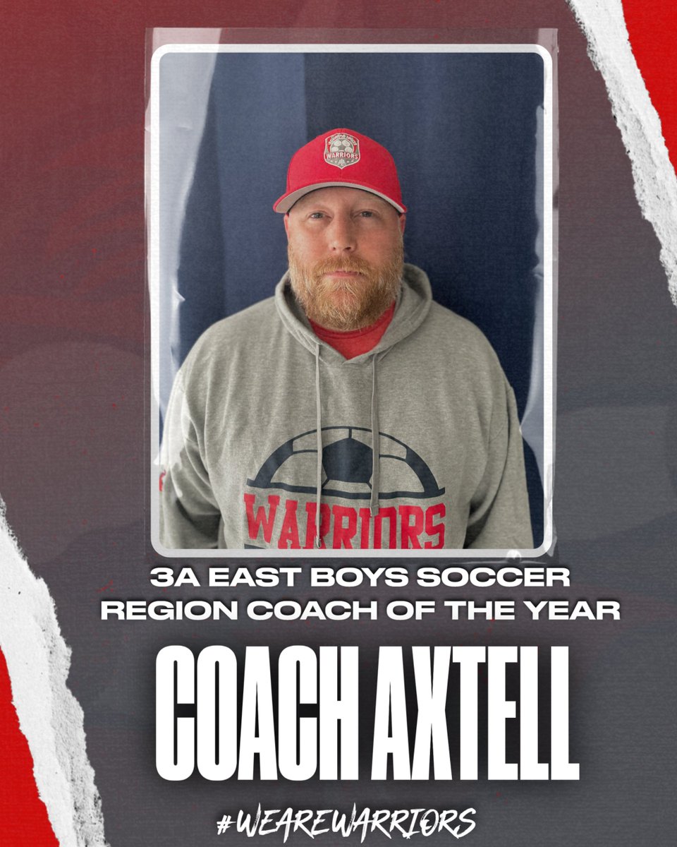 Congrats to Coach Axtell on being named 3A East Region Coach of the Year! Coach Axtell lead our #5 ranked Warrior Soccer program to a 8-3 record (6-0 in region play) and a 3A state tournament berth for the second consecutive season. #WeAreWarriors