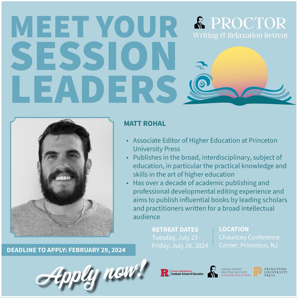 Meet <a href="/MattRohal/">Matt Rohal</a> and 8 more session leaders at the Proctor Writing &amp; Relaxation Retreat! 📖 

🌅 Indulge in peaceful surroundings, guided writing sessions, and rejuvenating activities.

More about Matt: bit.ly/3UwwKni
Apply today: bit.ly/48vaMVV
<a href="/PrincetonUPress/">Princeton University Press</a>