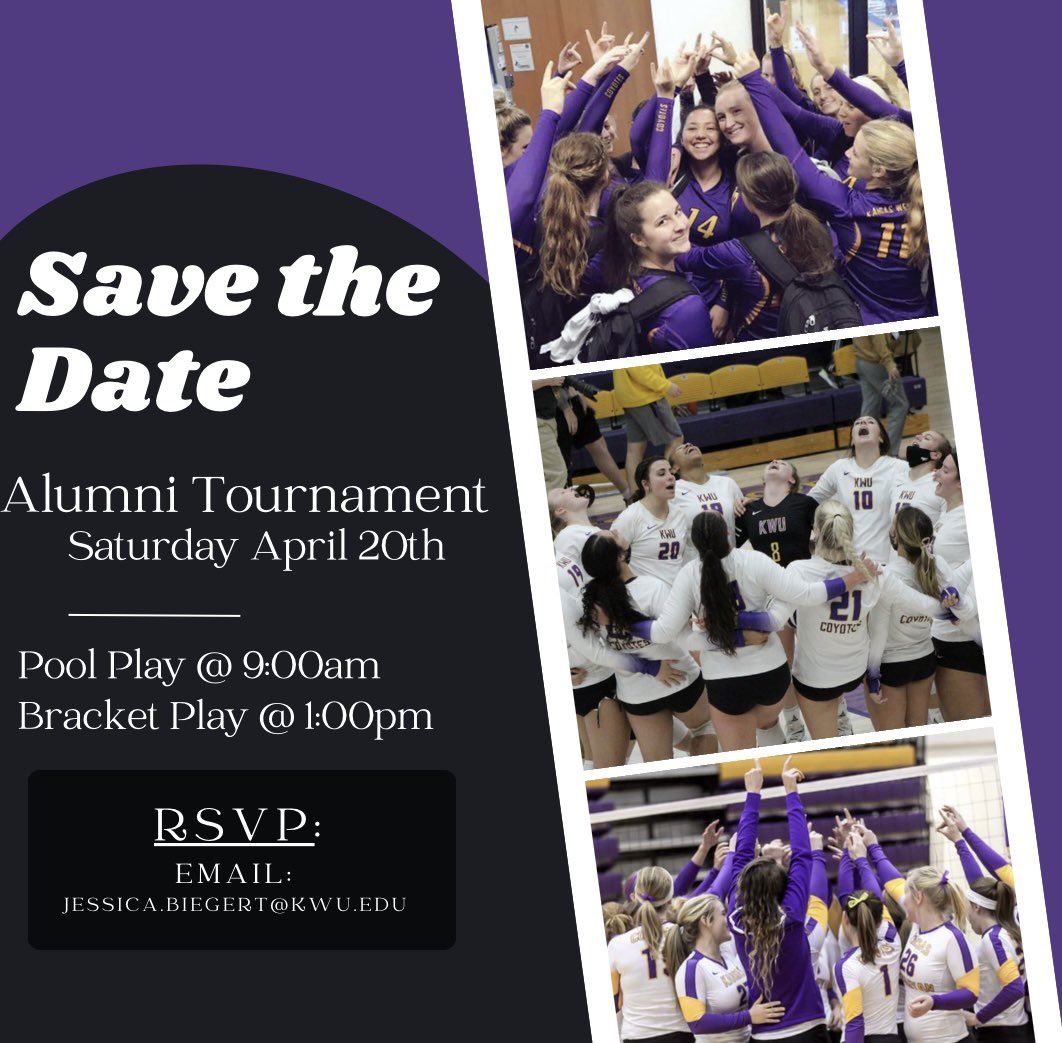 KWU Volleyball (@kwucoyotevb) on Twitter photo ALUMNI TOURNAMENT!
Saturday April 20th
Pool Play starts @ 9:00am and Bracket play starts @ 1:00pm!
RSVP to Jessica.biegert@kwu.edu
Can’t wait to see you all there! ALUMNI TOURNAMENT!
Saturday April 20th
Pool Play starts @ 9:00am and Bracket play starts @ 1:00pm!
RSVP to Jessica.biegert@kwu.edu
Can’t wait to see you all there!