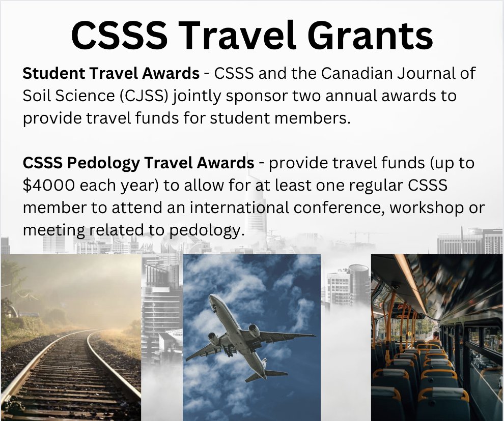 Did you know CSSS members can apply for CSSS-CJSS Student Travel Awards for International Soil Science Meetings or CSSS Pedology Travel Awards? Find more information on the CSSS website awards page (csss.ca/awards-criteri…