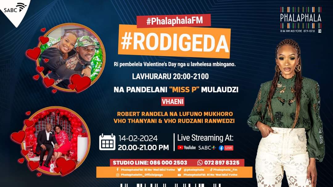 Phalaphala's tweet photo. Vha si tahele mbekanyamushumo ya Rodigeda namusi nga madekwana nga iri ya vhumalo u zwika iri ya vhutahe, iyi ndi mbekanya mushumo ya mathakheni nahone yo khetheaho ya duvha la vhafunanani, namusi ri pembelela Valentine's Day nga u lavhelesa mbingano
#Rodigeda
#Phalaphalafm https://t.co/lKZZ94TqlS