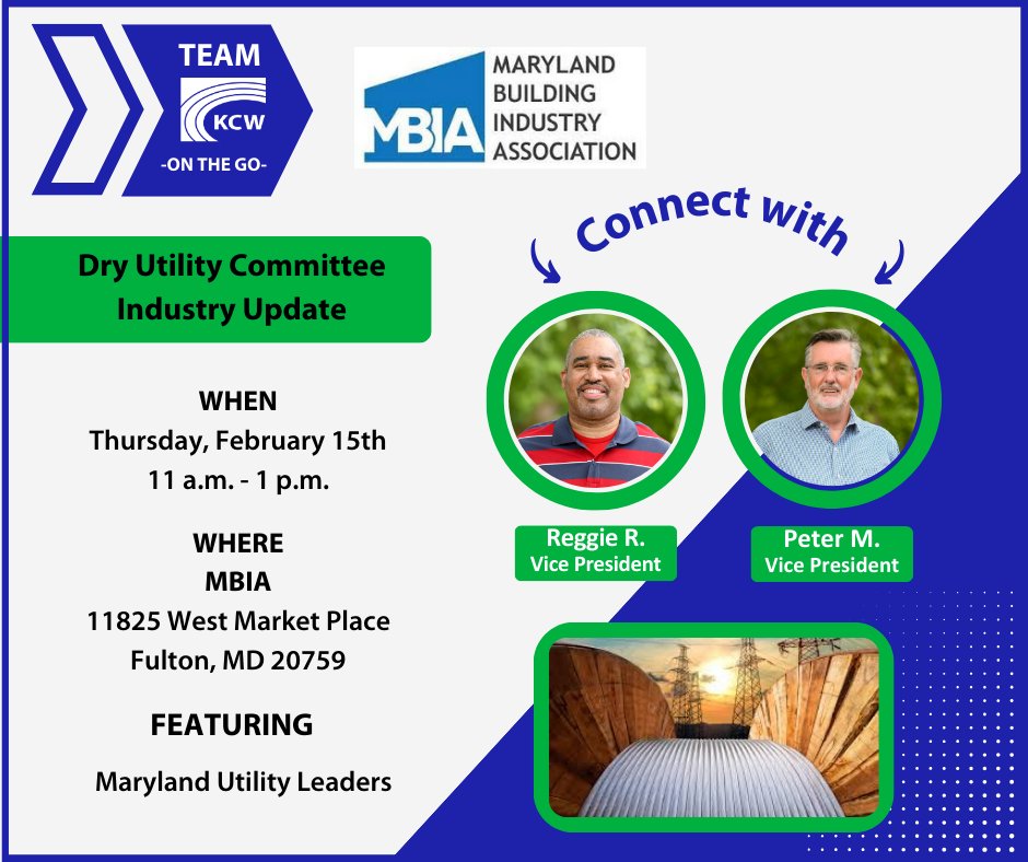 We are proud to be a sponsor for tomorrow’s Dry Utility Committee Industry Update. We look forward to hearing from Maryland’s top utility leaders. Connect with KCW Vice Presidents Reggie R. and Peter M. at the event!

#Clientfocused #MarylandUtility #MBE #WBE
