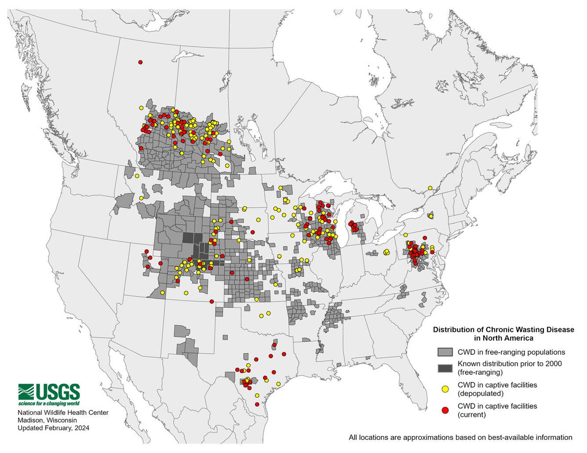Map showing distribution of chronic wasting Ddisease in North America, updated February 3, 2024: usgs.gov/centers/nwhc/s…