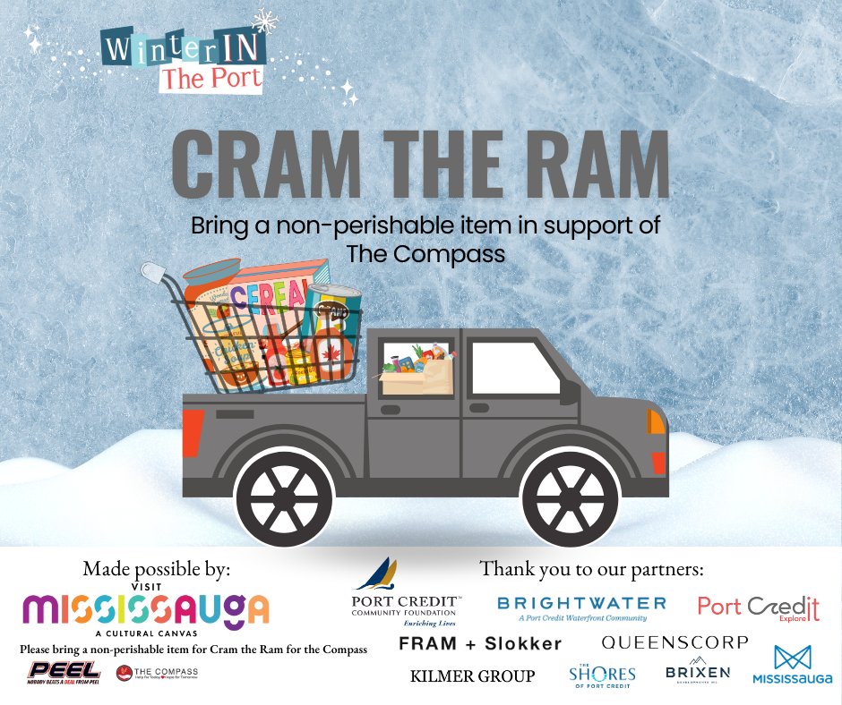 Help the Port Credit community Cram the Ram with non-perishable items at the Fire & Ice celebration on February 17, 2024 from 4:30 p.m. to 7:00 p.m. Thank you to our partners at Peel Chrysler Jeep Dodge Ram Fiat Port Credit! portcredit.com/upcoming-event…