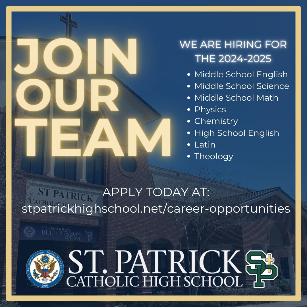 JOIN OUR TEAM! 

We are looking for qualified teachers to be a part of our St. Patrick Community.