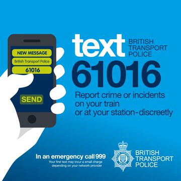 Report crime or incidents on the railway discreetly by texting the BTP on 61016.