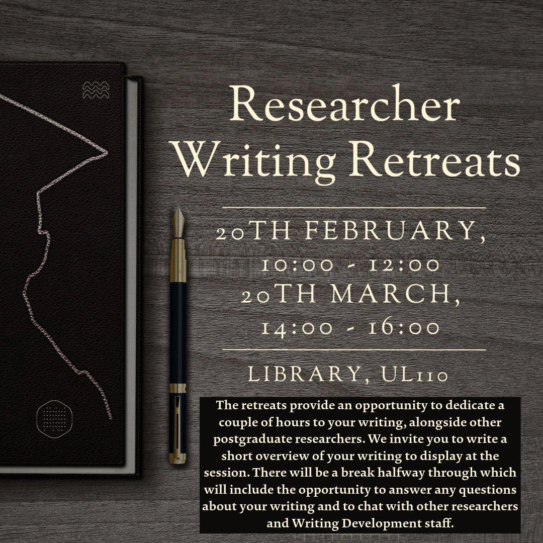 Researcher writing retreats from the Writing Development Team! ✍️🎓

📆20th February, 10:00 – 12:00
📌University Library, UL110
rb.gy/u2d5g1
📆 20th March, 14:00 – 16:00
📌University Library, UL110
rb.gy/dfxggb 

#universityoflincoln #pgr