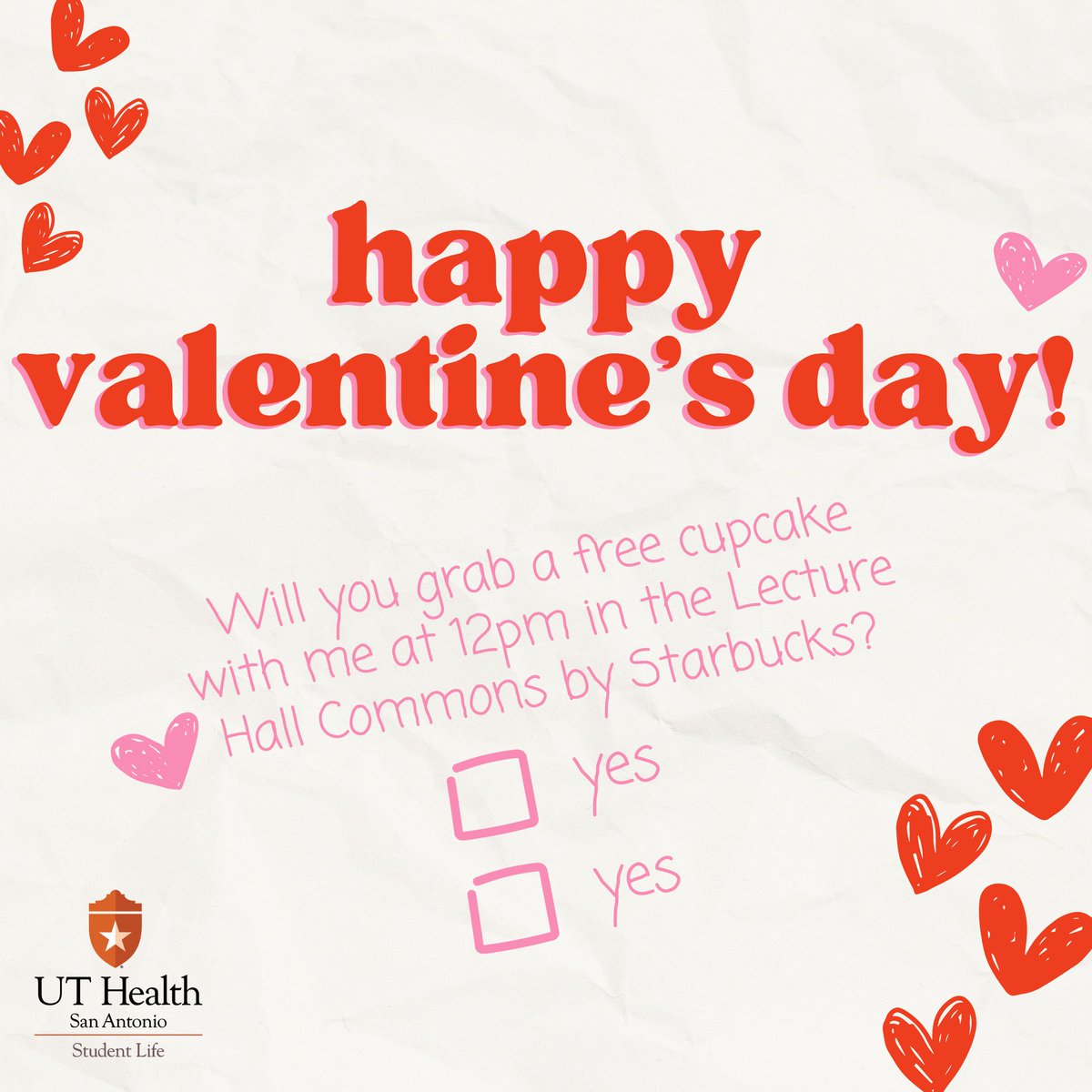 Happy Valentine's Day, UT Health SA! 💌🧁 Come see us in the Lecture Hall Commons near Starbucks on your lunch break to grab a sweet treat from Mama Merks Bakery! *while supplies last*

#happyvalentinesday #uthealthsa