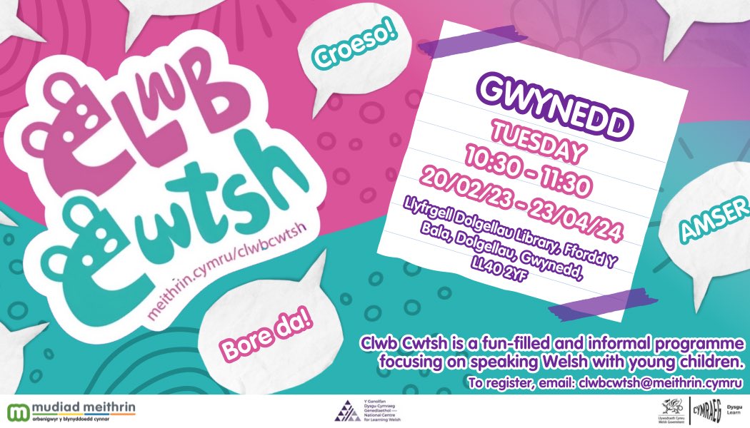 Clwb Cwtsh (@clwbcwtsh) on Twitter photo 📣DOLGELLAU📣
Learn Welsh words, phrases and songs to use with your little ones by registering for our face to face sessions starting next week!
For details on our face to face sessions contact:
💌helen.pugh@meithrin.cymru
🤩REGISTER TODAY🤩
🏴COFRESTRWCH HEDDIW🏴 📣DOLGELLAU📣
Learn Welsh words, phrases and songs to use with your little ones by registering for our face to face sessions starting next week!
For details on our face to face sessions contact:
💌helen.pugh@meithrin.cymru
🤩REGISTER TODAY🤩
🏴COFRESTRWCH HEDDIW🏴
