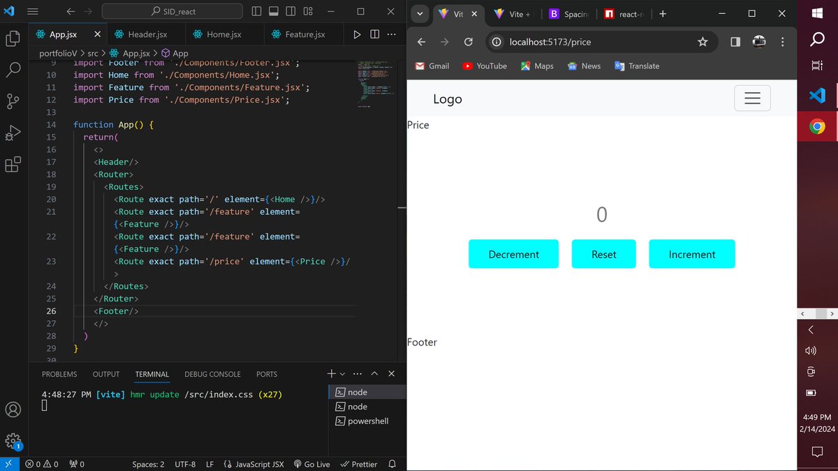 madu_anusi's tweet photo. Day 8 #100DaysOfCode 

Today @solution_sid was dealing with React router for navigation of contents around each component. Built a counter app in price component 🥲

What are you learning???

#webdeveloper #javascript #buildinginpublic #codeAnambra #SolutionInnovationDistricts https://t.co/Zn7uQjfK7Q