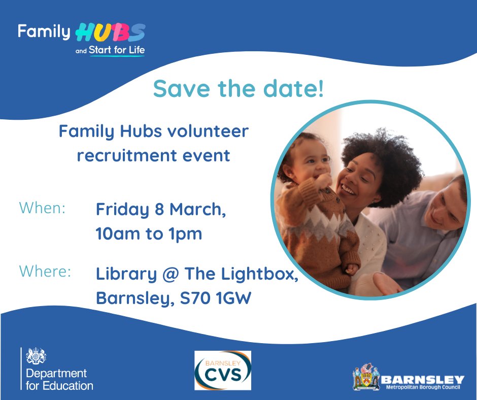 📆 SAVE THE DATE - Friday 8th March 👨‍👧‍👦Could you spare an hour or two to support your Family Hub? ❓ Interested in volunteering but don’t know what’s involved? Pop along to our Volunteer Recruitment event and have a chat to find out more and how you can get involved!
