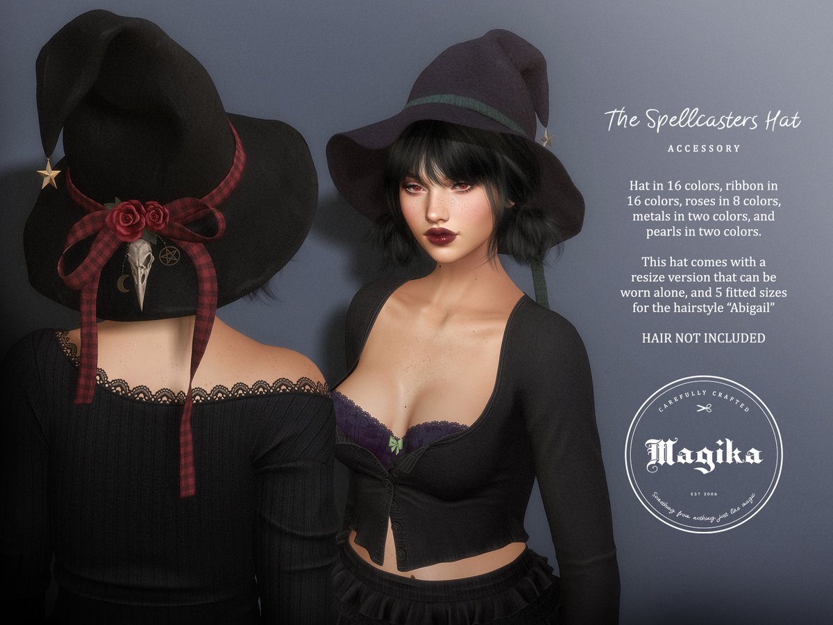 Wanna cast a love spell, or a curse? We got you.
Maybe not the most traditional valentines day release but if you're feeling adorable, or maybe even spooky, come try our new hairstyle and hat options🖤

Shop: magika.se/shop

#magika #magikahair #secondlife