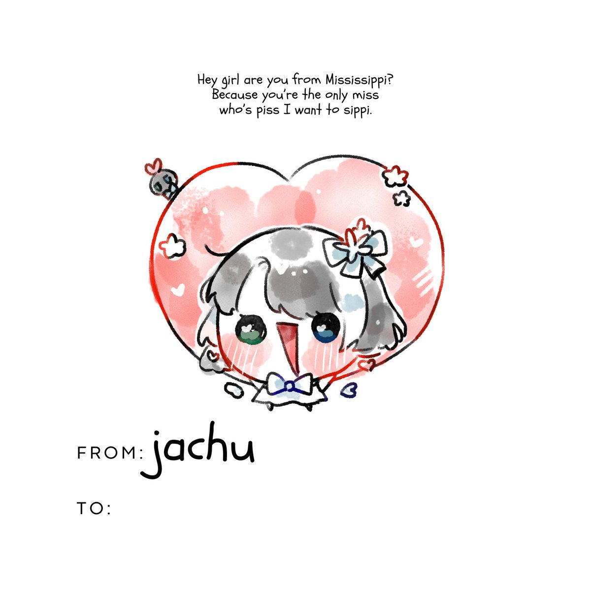 teruterujasu's tweet photo. i worked really hard on these!!!! pass em around!!!!
VALENTINE'S DAY CARDS FROM YOUR FAVORITE LOCAL RAIN DOLL 💋
🎨 @NoaQi77!!! #jasARTING #noaQraft https://t.co/13IcT3lwha
