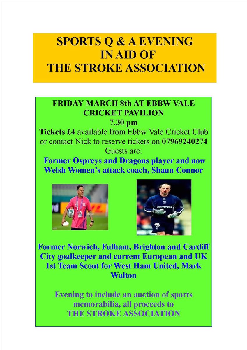 Details below for our Q&amp;A session <a href="/EbbwVale_CCP/">Ebbw Vale Community Cricket Pavilion</a> in aid of <a href="/TheStrokeAssoc/">Stroke Association</a>, would be great to get this event well supported for a great cause 🙌🏻