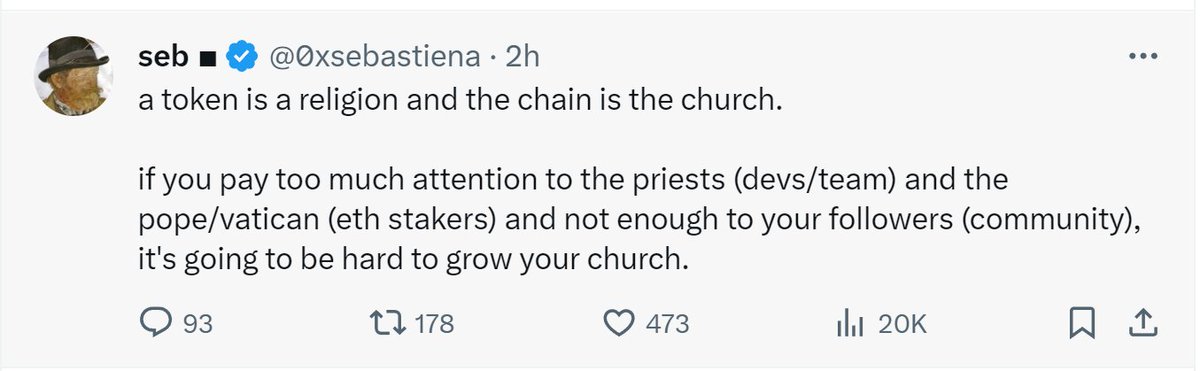 #zksync 团队之一在Stark空投之后表示：

"代币是宗教，链条是教堂。

如果你对牧师（开发者/团队）和教皇/梵蒂冈（eth staker）给予太多关注，而对你的追随者（社区）关注不够，那么你的教会将很难发展。"