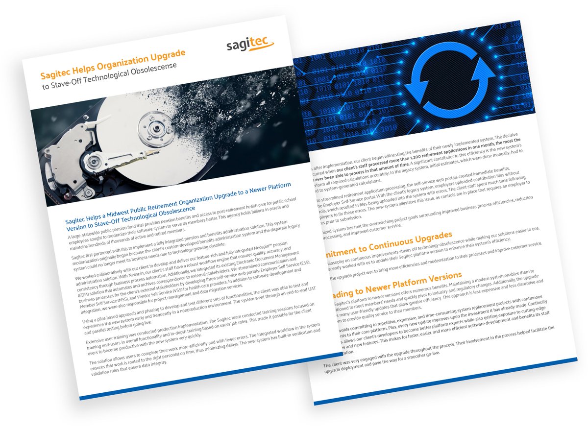 ICYMI: Sagitec helped a public pension agency upgrade to a newer platform version. This upgrade is critical for helping the agency stave-off technological obsolescence. Learn more about the modernization project by downloading our free case study here: hubs.ly/Q02l5xg00