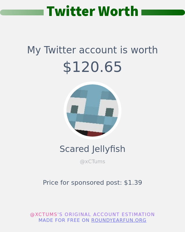 xCTums's tweet photo. My Twitter worth is: $120.65

➡️ https://t.co/BUlkNju7z4 https://t.co/cc3RcRkYwJ